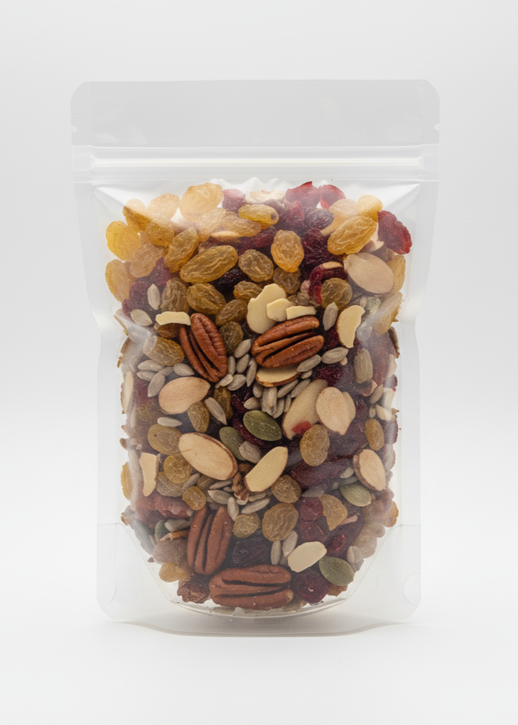Assorted nuts and seeds in a clear plastic bag on a white background