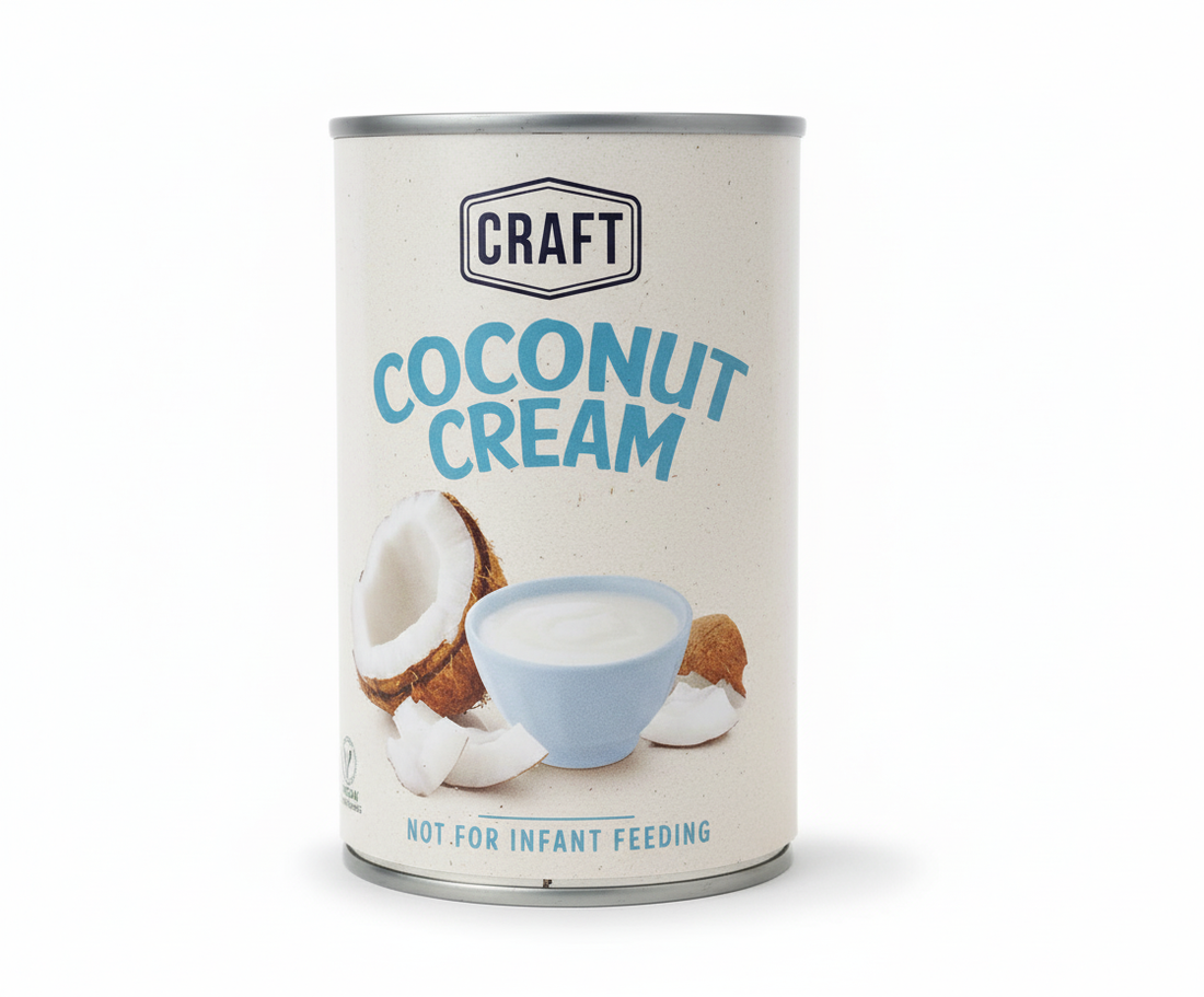 Can of Craft Coconut Cream with coconut and cream illustrations on a white background